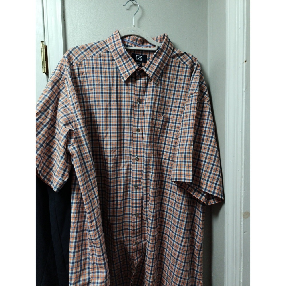 Cutter Buck Shirt Mens 2XB Big Orange Blue Plaid Short Sleeve Button Down